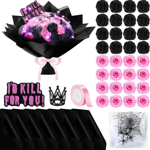 36-Piece Waterproof Silk Spooky Decorative Artificial Roses Pack - with Spider Web Wrapping Paper, Crowns, Cards, 2-3.9 in Size, for Home Decor, Flower Arrangements, Ornaments