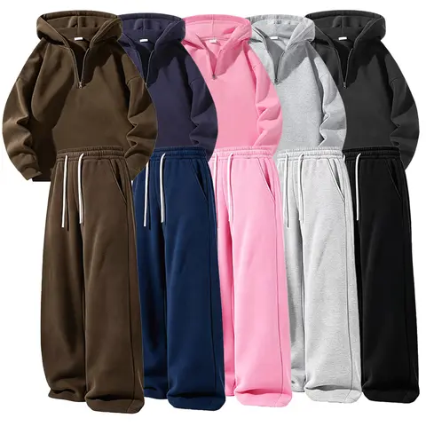 Unisex matching two-piece set featuring a half-zip hoodie top and wide-leg pants in a relaxed casual style with a fluid drape; minimalist solid color; suitable for everyday wear, commuting, streetwear, and home lounging.