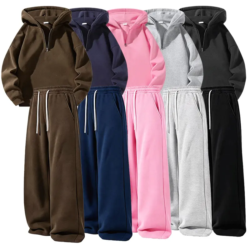 Unisex matching two-piece set featuring a half-zip hoodie top and wide-leg pants in a relaxed casual style with a fluid drape; minimalist solid color; suitable for everyday wear, commuting, streetwear, and home lounging.