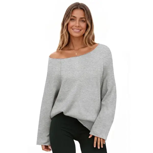 Fisoew Sports Summer Spring Women's Off-Shoulder Thin Sweatshirt/Tees, Wide Neckline Loose Pullover, Long Sleeve Y2k Fashion Loose Fit Top, SpringStatements Jeans Ash Gray Hoodie Beachy Hoodie Athletic Style Activewear Athletic Outfit