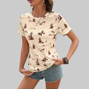 Shewin 2026 Spring/Summer Women's Western Print T-Shirt - Beige Cactus & Horse Print, Short Sleeve, Crew Neck, Loose Fit, Breathable High-Stretch Fabric Top for Daily Wear