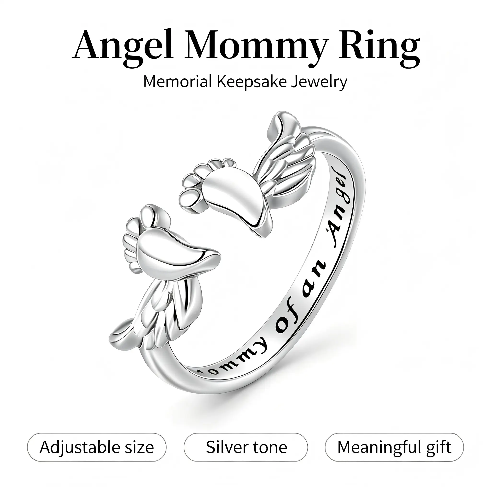 Polished Stainless Silver Adjustable Open Cuff Ring - Angel Footprint & Wings Memorial Costume Jewelry, Sentimental Sympathy Gift for Pregnancy Loss Moms, Adjustable Design