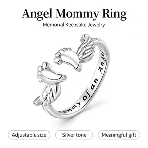 Polished Stainless Silver Adjustable Open Cuff Ring - Angel Footprint & Wings Memorial Costume Jewelry, Sentimental Sympathy Gift for Pregnancy Loss Moms, Adjustable Design