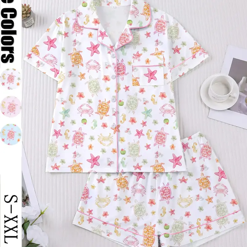 Women's 2-Piece Short Sleeve Sleepwear Set, Pajama Set, Homewear & Loungewear, Fun Oceanic Cartoon Print, Casual Nightwear, Comfortable Lapel Top & Wide Leg Shorts, Lounge Sets Loungewear
