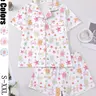Women's 2-Piece Short Sleeve Sleepwear Set, Pajama Set, Homewear & Loungewear, Fun Oceanic Cartoon Print, Casual Nightwear, Comfortable Lapel Top & Wide Leg Shorts, Lounge Sets Loungewear