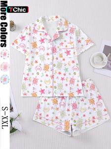 Women's 2-Piece Short Sleeve Sleepwear Set, Fun Oceanic Cartoon Print, Elegant Casual, Comfortable Lapel Top & Wide Leg Shorts