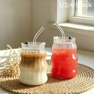 1/2/4/6 Pack 18oz Clear High Borosilicate Wave Bubble Glass Cup with Straw & Lid, Food Grade BPA Free Wide Mouth Tumbler, Drinkware, Heat Resistant Glasses for Water Tea Coffee All Beverages, Ideal Birthday Gift for Home Kitchen Dining Room Party Daily