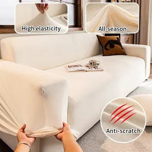 Pure Color Simple Line Full Cover Elastic Sofa Slipcover, High Stretch Fleece Pet Friendly, Detachable Easy Clean, Sofa Decoration & Protection, Stretchable Sofa Cover, Washable Sofa Slipcover
