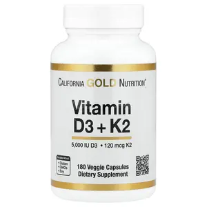 California Gold Nutrition Vitamin D3 + K2 as MK-7, 180 Veggie Capsules