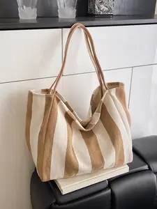 Retro casual striped canvas tote bag, fashionable large-capacity everyday shoulder bag, suitable for various occasions such as shopping, holidays, beaches, and vacations.