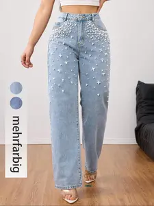 Women's Straight Leg Jeans, Pearl Button Front Design, Loose Casual Pants, Fashionable Comfort Fit, Daily Wear Preferred, Womenswear