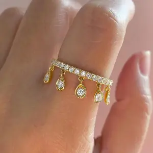 1Pc Dainty Luxury Pear Cut Cubic Zirconia Dangle Adjustable Open Ring, 14k Gold Brass with Pave CZ Bar, Elegant Jewelry for Women, Daily Wear Date Nights Weddings Cocktail Parties & Birthday Holiday Gift