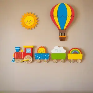 Wooden Self-Adhesive Wall Decals - Kids' Cartoon Train, Hot Air Balloon, Sun & Rainbow Wall Decor Brimming with Childlike Joy Decorative Stickers Interior Stickers