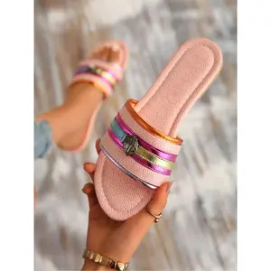 Fashionable women's summer slippers with colorful fish scale texture and multi-color design, flat sole sandals, lightweight and comfortable, hollow and breath, suitable for outdoor beach use, Breathable Sandals