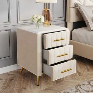 Upholstered Nightstand with 3 Drawers and Metal Legs&Handles, Wooden Bedside Table with Marbling Worktop