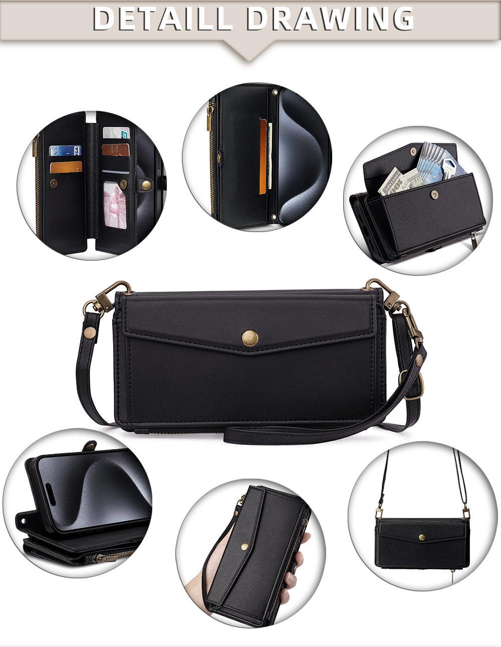 for iphone 17 pro max cases 16 16Plus 15 14 13 12 Pro Max Air Crossbody Wallet Phone Case, PU Leather Flip Purse Case with 5 Card Slots, Zipper Pocket, Adjustable Shoulder & Wrist Strap, Kickstand, Magnetic Closure, Multi-Functional Protective Phone Cover