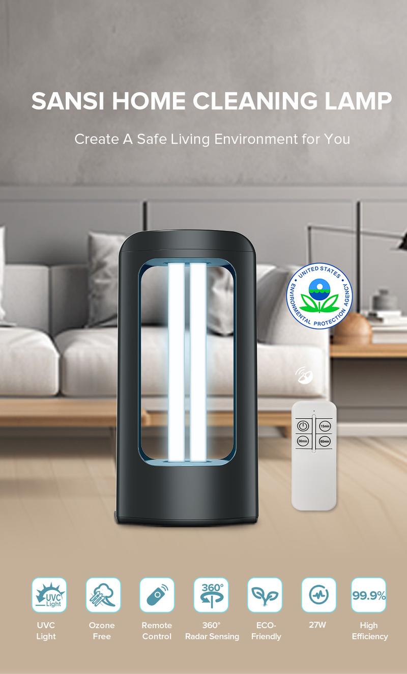 SANSI 18/27W Powerful UV Light  Eliminate  Dust Mites  Bed Bugs, with Remote Control Timer, Sterilization Rate99.99% UVC Lamp 254nm Wavelength,，Suitable for bedrooms and bathrooms.  - Ozone Free