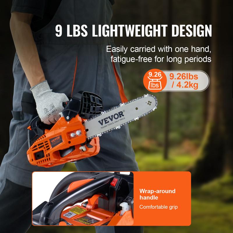 VEVOR Gas Chainsaw,  , 25.4CC 12" 1.2HP, Gasoline Powered Chain Saw, Handheld Cordless Petrol Chainsaws for Tree Wood Branch Cutting, Tree Trimming, Land Clearing, Farm Garden Ranch Forest Cutting Use