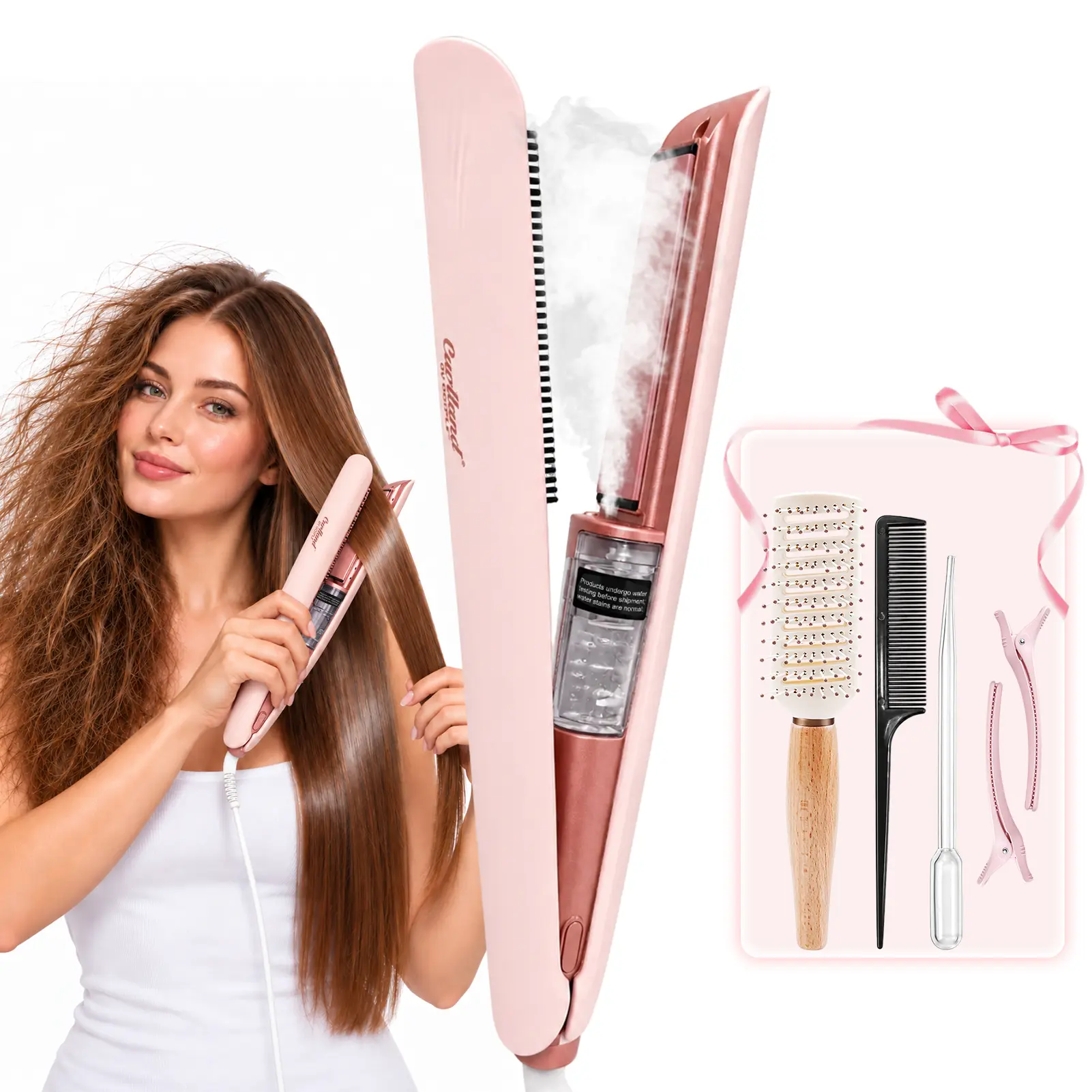 Goiple Steam Hair Straightener Set - Comb-Clamp Hair Tool with Adjustable 3 Heat Settings, Steam Design, Refillable Water & Oil Tank, Reduces Repeated Brushing, Frizz & Tangles, Includes Cushion Brush, Rat Tail Comb, Dropper & Clips for Daily Smoothing
