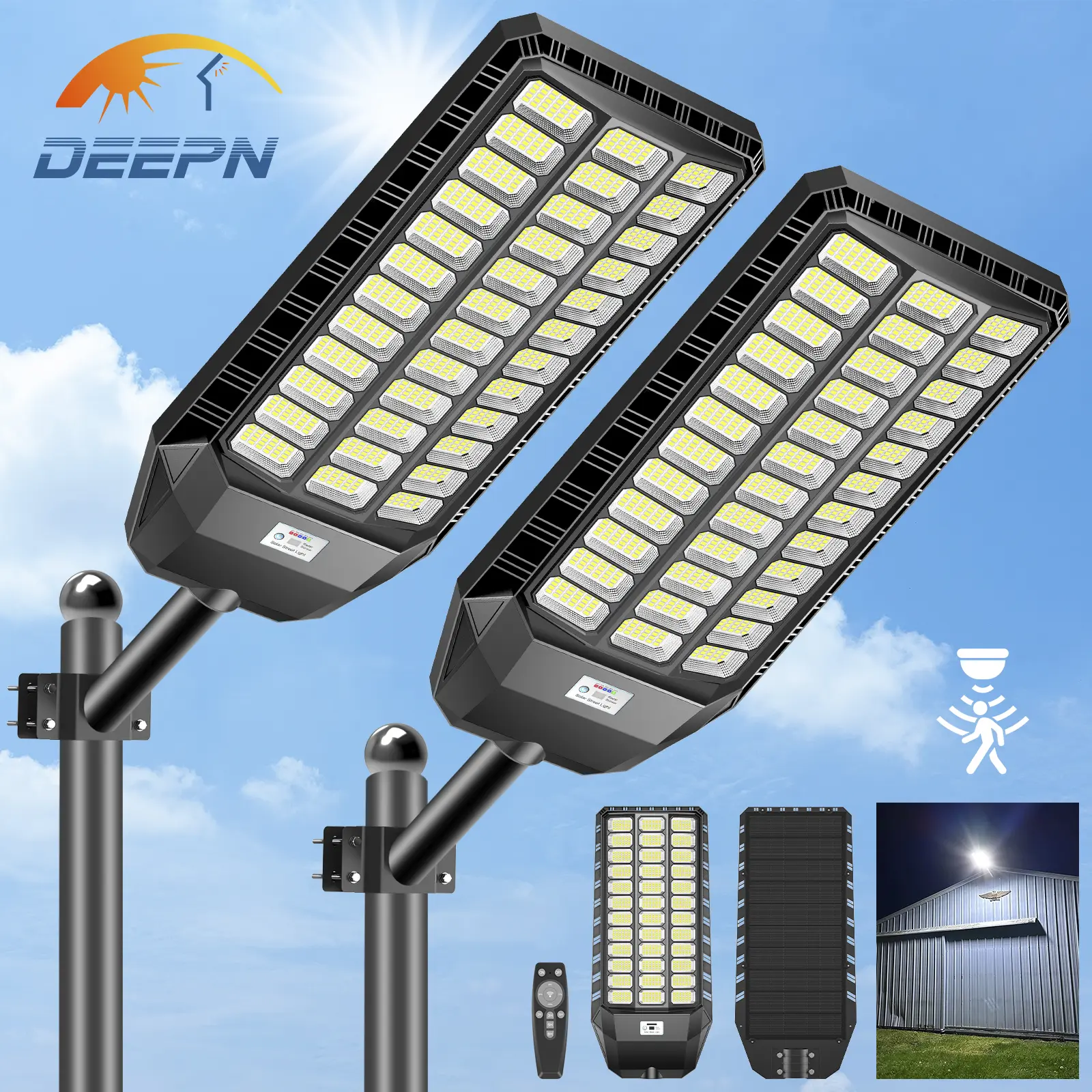 DEEPN Solar Lights Outdoor Waterproof IP67, Solar Street Lights Outdoor, 6500K LED Dusk to Dawn Security Flood Light Motion Sensor with Remote Control for Yard, Parking Lot, Porch, Garages, Garden