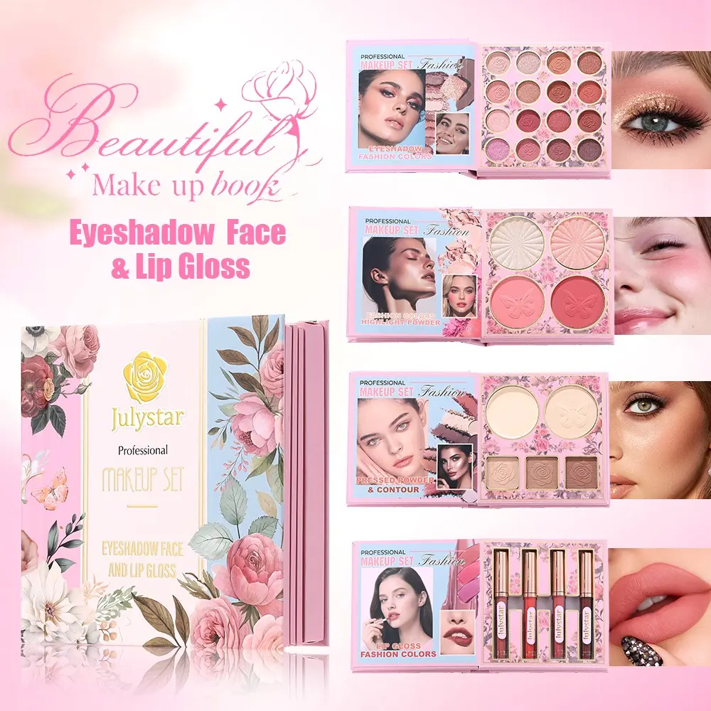 4-in-1 Pink Flip Cosmetic Makeup Book, Portable All-in-One Palette for Basic Eyeshadow, Blush, Lip Gloss & Bronzer, 5-Minute Face Essential, Space-Saver for Dorm & Travel, Makeup Set