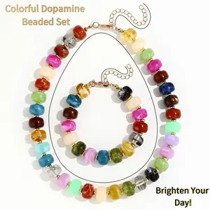 Colorful Dopamine Acrylic Beaded Necklace & Bracelet Set, Boho Style Statement Jewelry for Women, Stackable Summer Party Accessory, Perfect Gift for Her