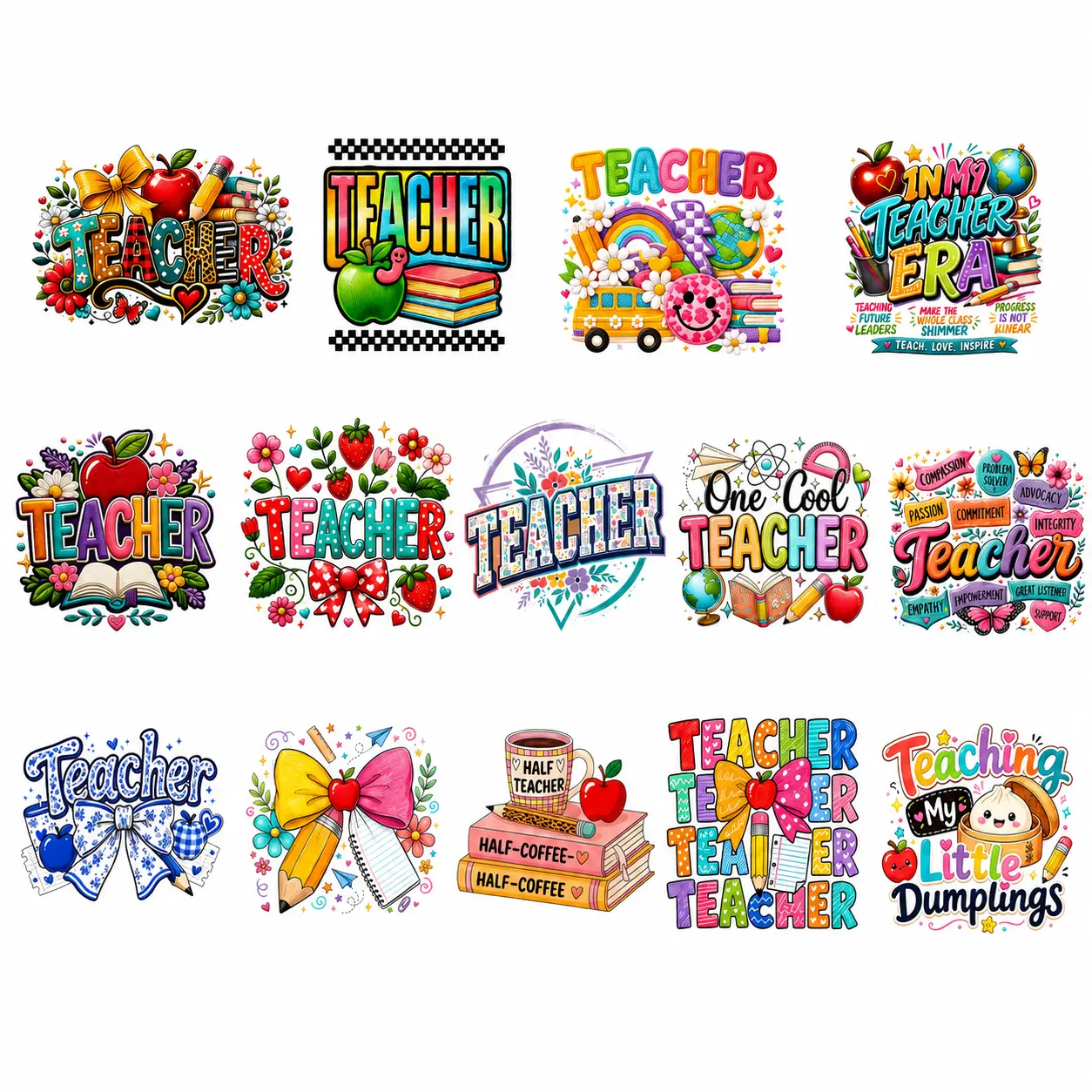Teacher Bundle V1 Ready-to-Press DTF & Sublimation Heat Transfer Designs for Teacher Shirts, Back to School T-Shirts, Classroom Apparel & DIY Crafts