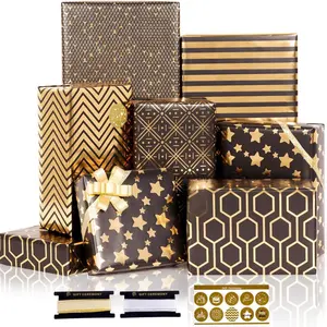 Birthday Wrapping Paper, 6 Sheets Black and Gold Wrapping Paper, Metallic Foil Gift Wrap Paper Set with Ribbon Sticker for Men Boys Birthday Christmas Graduation Holiday, 20 x 28 Inch