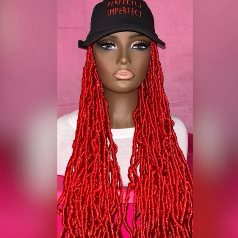 Women's Custom Made 24" Red Soft Faux Locs Wig Hat Perfectly Imperfect Design