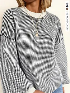 Women's Fashion Casual Colorblock Round Neck Loose Knit Sweater, Fall & Winter Moderate Fabric Pullover, Stylish Long Sleeve Top