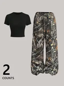 Women's Casual Fitted Round Neck Short Sleeve T-Shirt + Camouflage Printed Loose Straight Leg Pants Set, Comfortable Leisure Wear, Must-Have