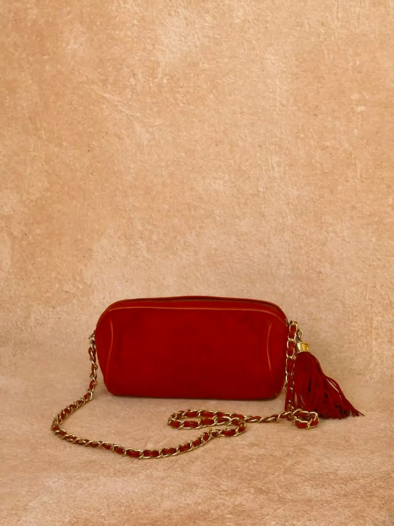 Pre-owned CHANEL Vintage Red Suede Diamond Stitch Tassel Barrel Evening Clutch, Gold Leather Shoulder Bag, Shoulder Bags
