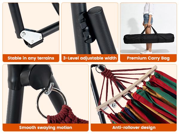 Soges 2-in-1 Convertible Hammock Chair Set, 440LBS Heavy Duty Steel Stand, Foldable Portable Outdoor Two People Hanging Swing Bed, Includes 3 Carry Bags (2 Cloth + 1 Oxford Stand Bag),  for Outdoor Yard Camping, Colorful Striped