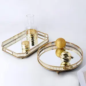 Gold Serving Tray Clear Glass Decorative Tray Organizer for Home Fruits Drinks Makeup Mirror Tray Modern Stylish Design Lightweight Durable Rustproof Ideal for Living Room Bedroom Storage Gift Metal Round