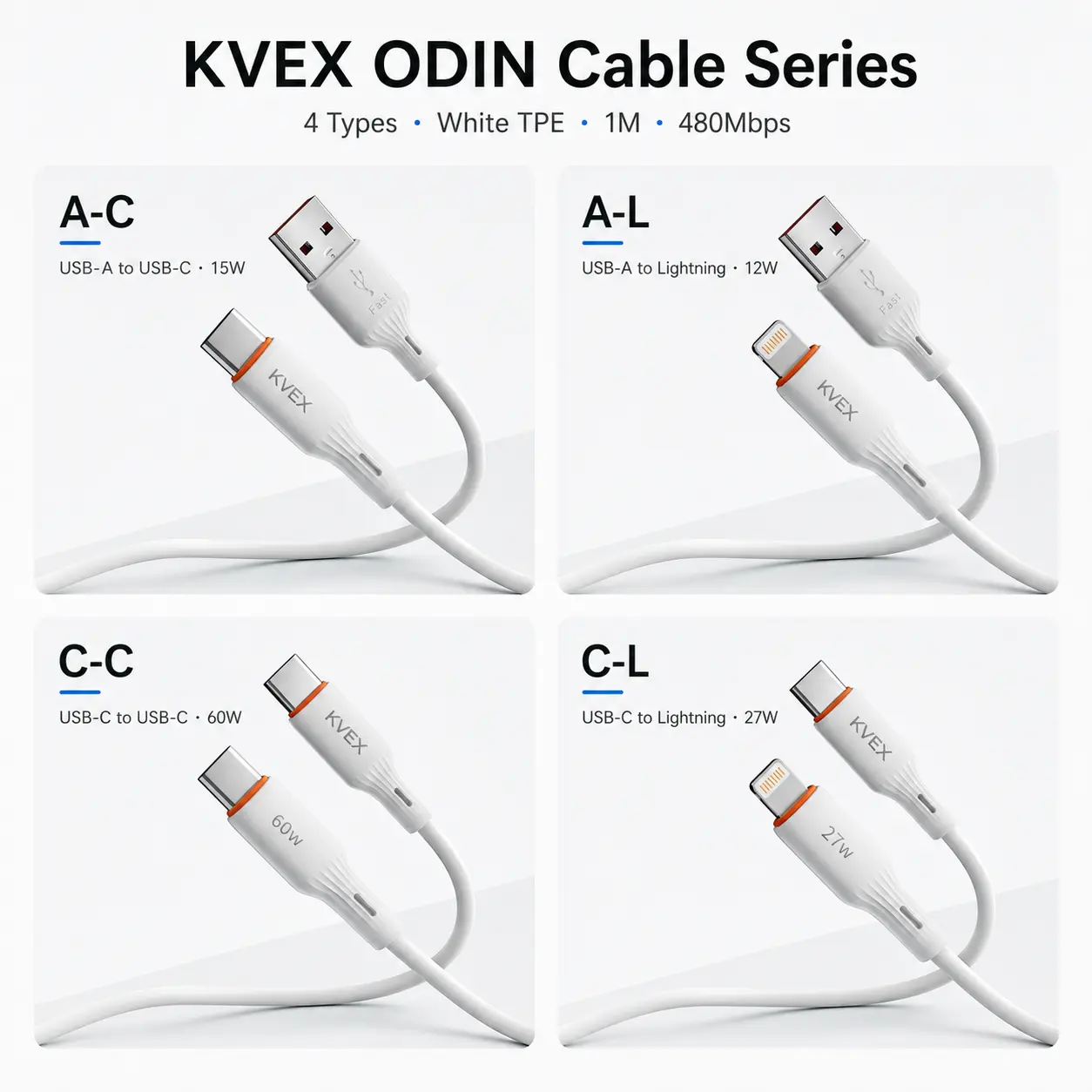 KVEX ODIN 1M TPE Charging Cable, USB-A/USB-C to USB-C or Lightning, Up to 60W, 480Mbps, White