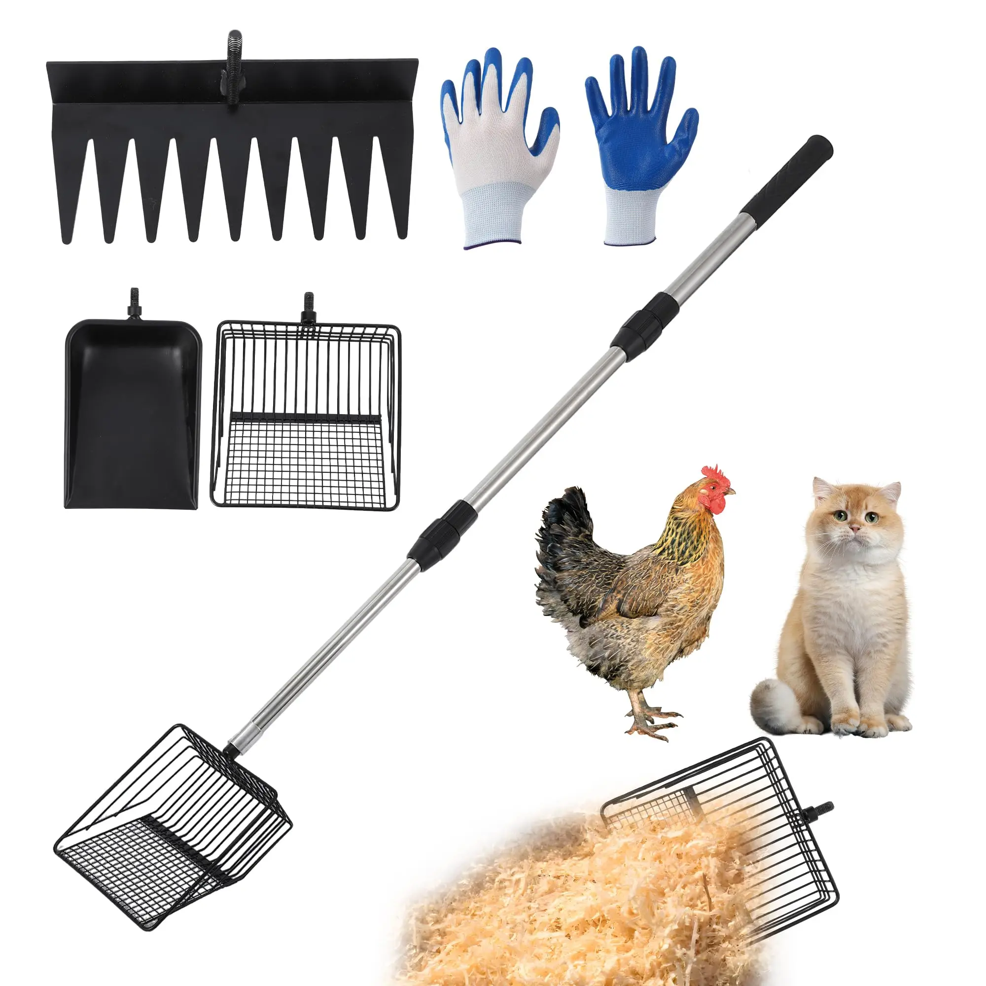 YJ-Garvee 4 In 1 Chicken Poop Scooper for Sand, Chicken Coop Scoop Cleaning Tool with Rake & Shovel, Adjustable Stainless Steel Handle, Easy Clean Poultry Litter Cleaning Tool