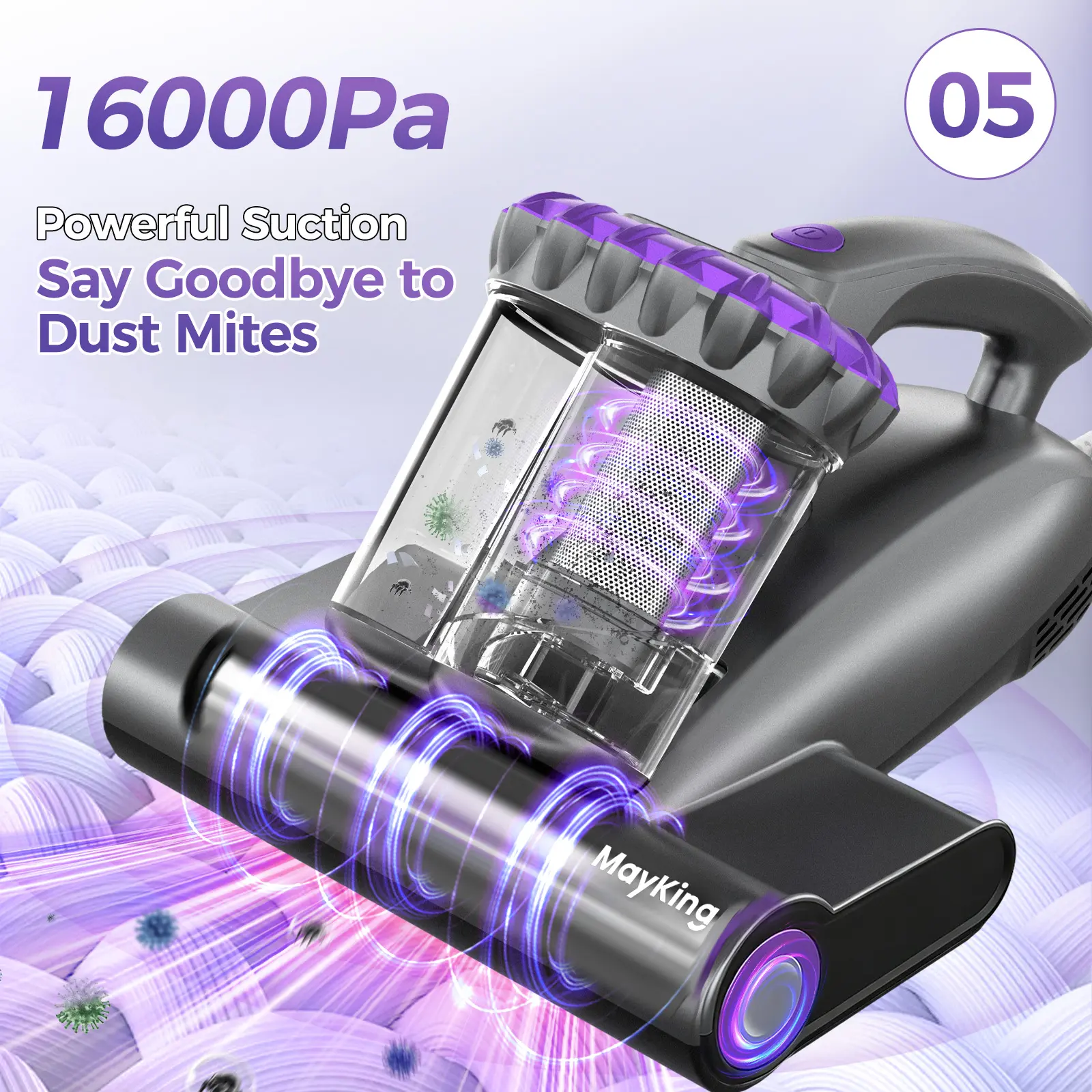 Mayking Mattress Vacuum Cleaner(05),UV & Ultrasonic Dust Mite Removal,16kPa Strong Suction + 33000 RPM Tapping, Pet Hair Cleaner for Bed, Sofa & Baby Crib