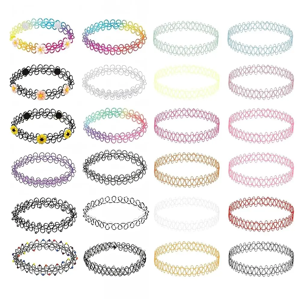 BodyJ4You 24PC Vintage Elastic Tattoo Choker Necklace for Women - 90s Y2K Fashion - Rainbow, Black, Purple, Pink, Daisy Design