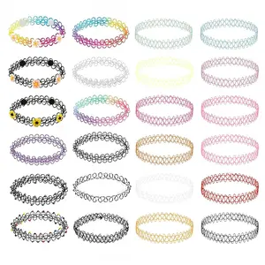 BodyJ4You 24PC Vintage Elastic Tattoo Choker Necklace for Women - 90s Y2K Fashion - Rainbow, Black, Purple, Pink, Daisy Design