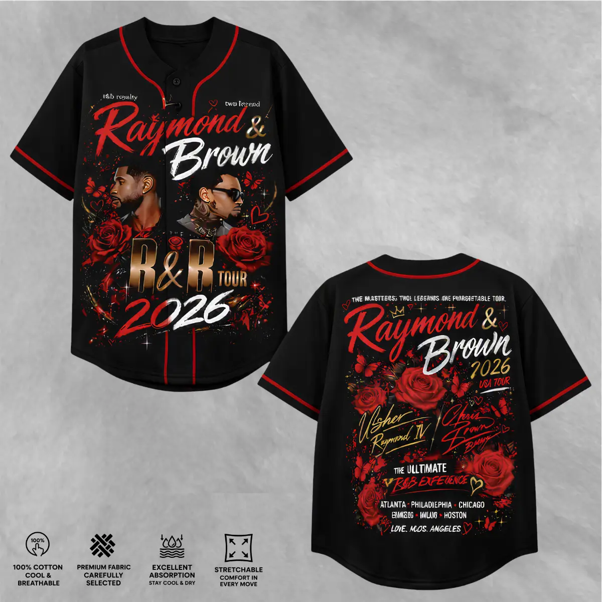 Baseball Jersey Shirt, Ch.Brown Usher Raymond The R&B Tour 2026 Unisex Tee.