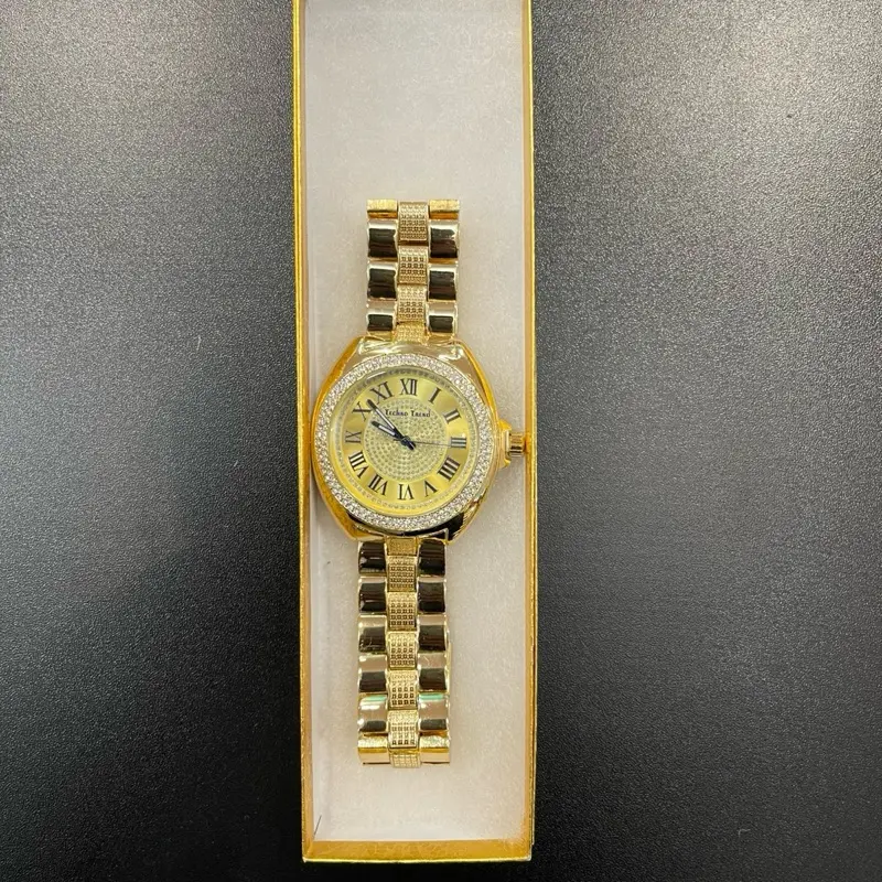Gold Tone Crystal Watch Roman Dial Luxury Dress Bracelet Techno Trend