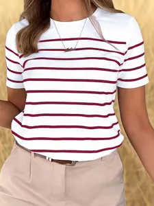 A simple crew-neck short-sleeve T-shirt featuring a classic white-and-red striped design that exudes a casual, stylish vibe