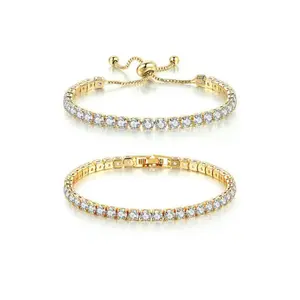 HENSY Y2K Tennis Bracelet – Micro-Set CZ – 2 Clasp Styles: Adjustable Bead Slide + Magnetic Square – Gold Plated Brass – Stackable Everyday Sparkle