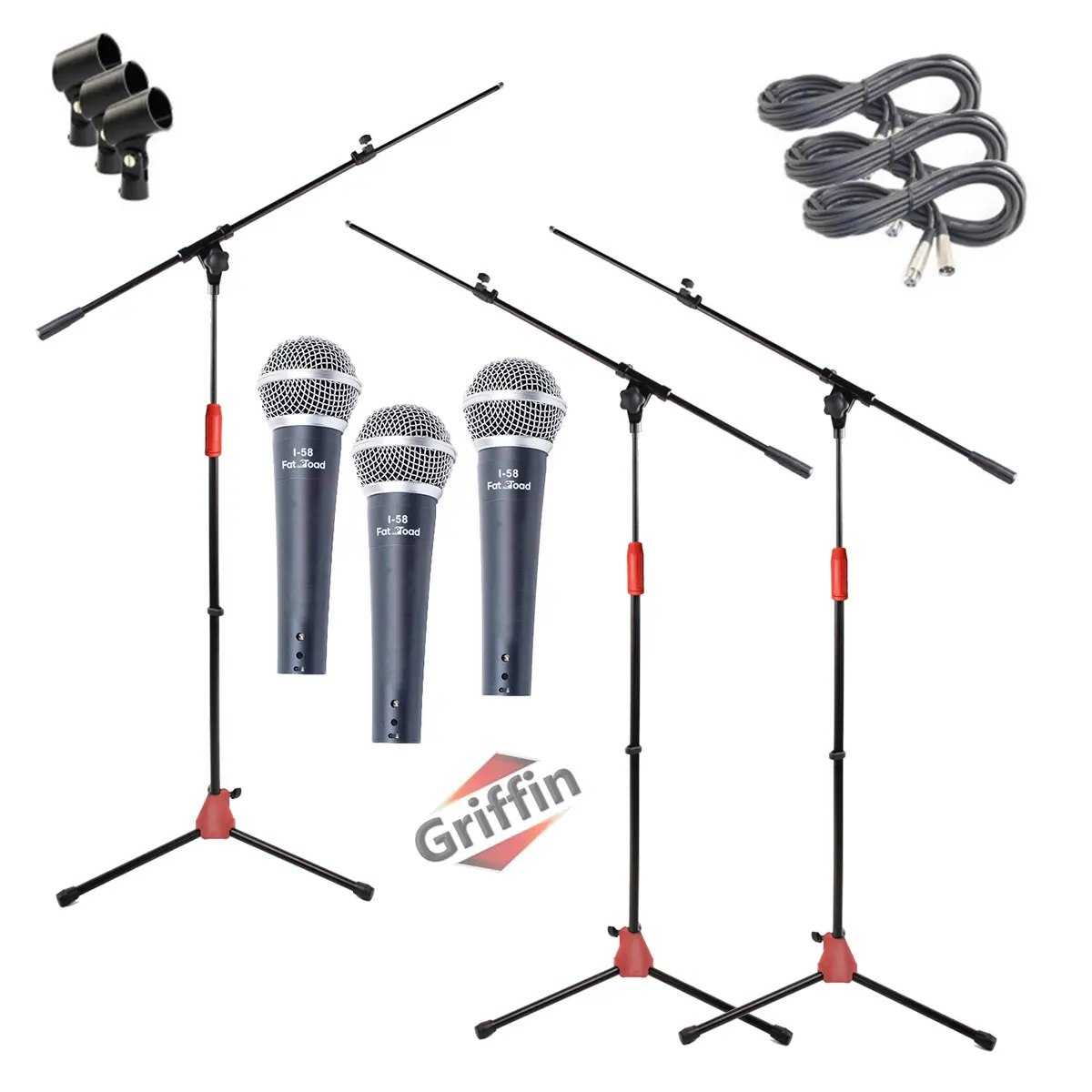 Microphone Boom Stand (Pack of 3) & Cardioid Wired Mic, XLR Cable, & Clip by Griffin | Telescoping Arm Holder, Tripod Legs | Karaoke Vocal Singing Microphone | Home Recording Studio Streaming