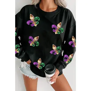 Black Sequin Mardi Gras Graphic Pullover Sweatshirt
