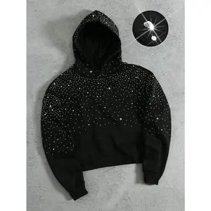 Men's Rhinestone Embellished Loose Fit Casual Pullover Hoodie Sweatshirt Rhinestone Hoodie Diamond Hoodie Cropped Hoodie Star Hoodie Crystal Hoodie, A Great Gift For Your Boyfriend, Back To School Black Rhinestone Hoodie