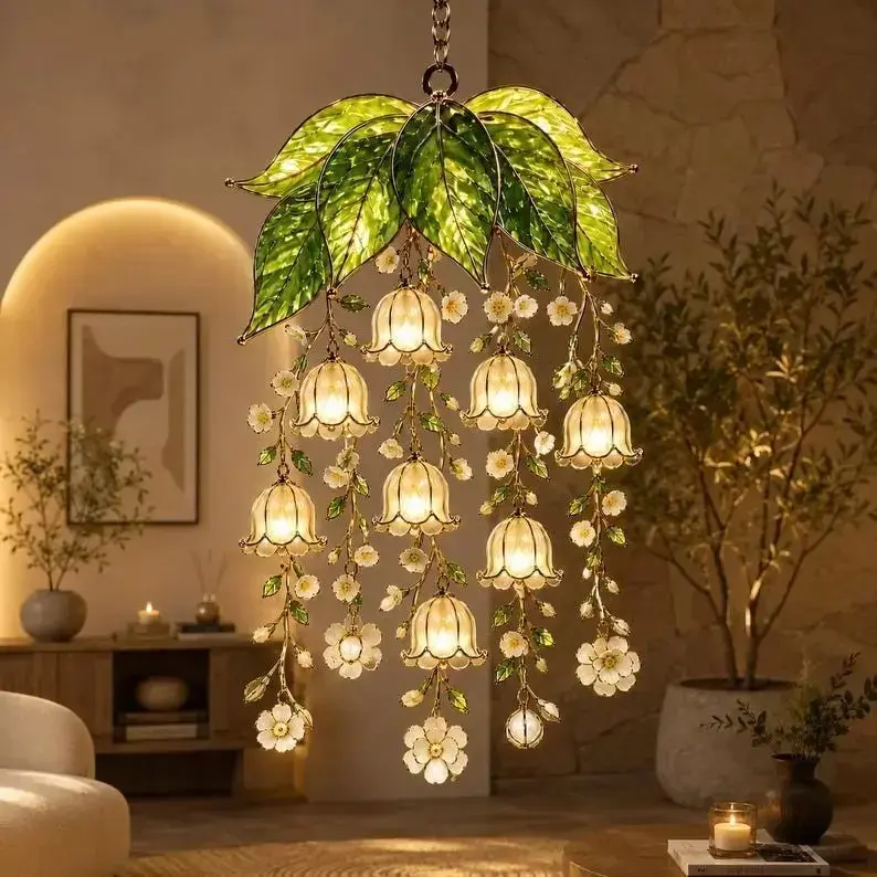 Lily of the Valley Flower Chandelier Art Nouveau Stained Glass Pendant Light Handcrafted Botanical Hanging Lamp Cottagecore Whimsical Fairy Aesthetic Home Decor Statement Piece Gift for Her