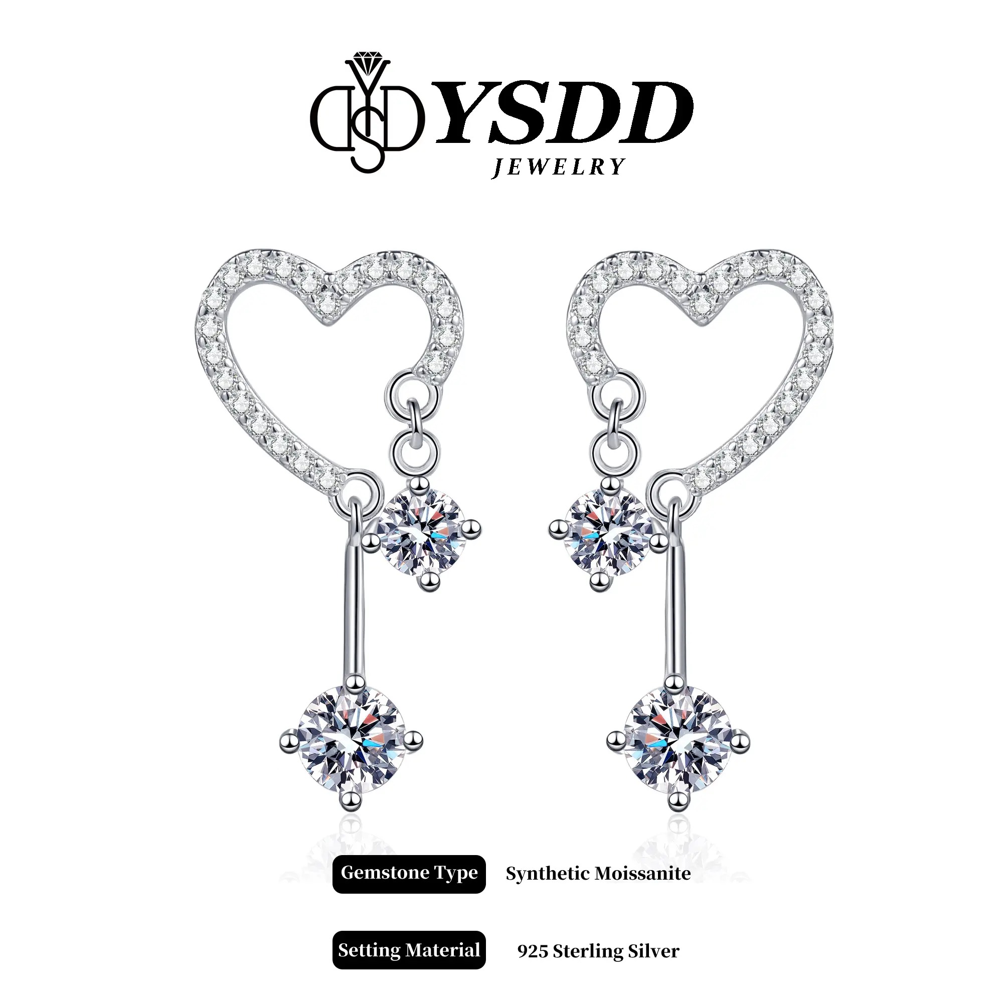 【4.20】Adorable Heart Dangling Earring 1.6CT Total vvs Synthetic Moissanite Earrings in 925 Sterling Silver