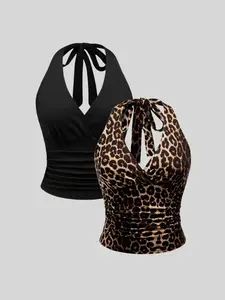 Trendy Leopard Print & Solid Color Casual Halter Top Set, Perfect for Spring Summer Fall, Versatile Two-Piece Design