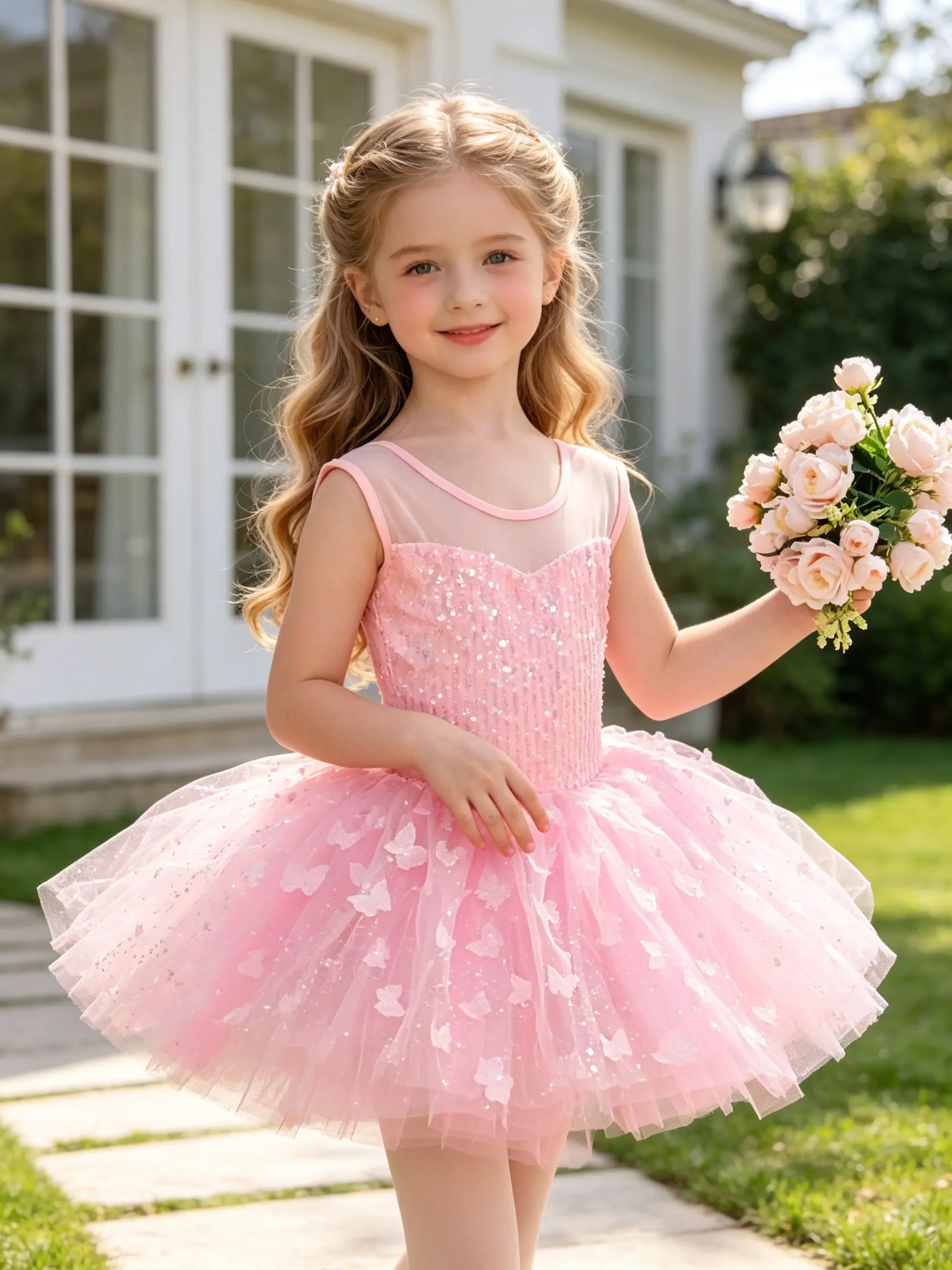 Girls Sequin Butterfly Tutu Ballet Dress Sleeveless Mesh Ballerina Costume Kids Princess Dance Outfit Multiple Colors Available